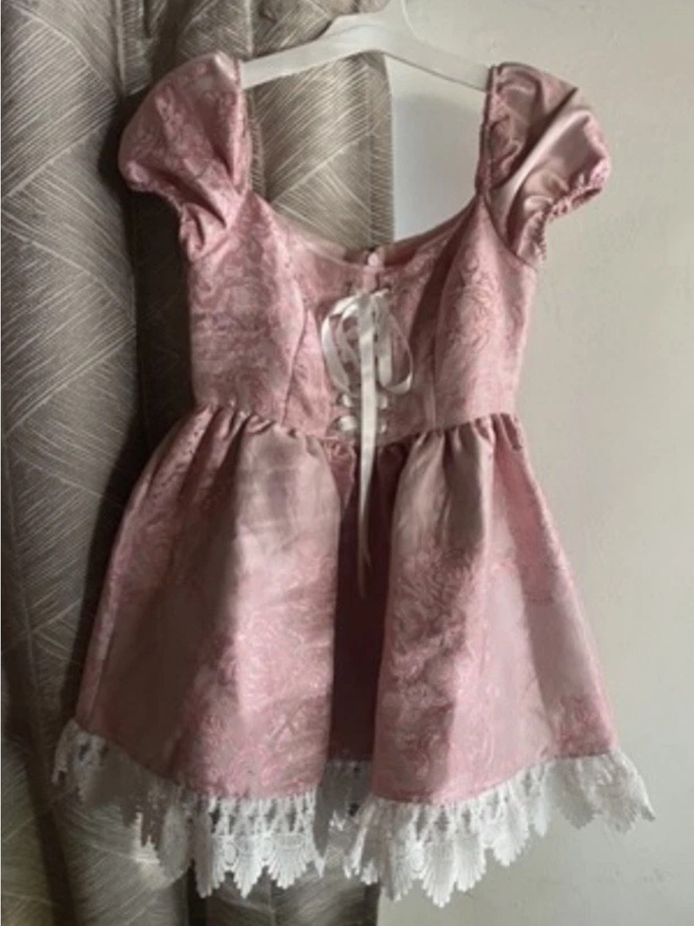 Sugar Thrillz Brocade Lace Trim Mini Dress Pink Corset Sz Small